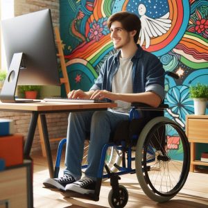 A disabled man in wheelchair using a computer 