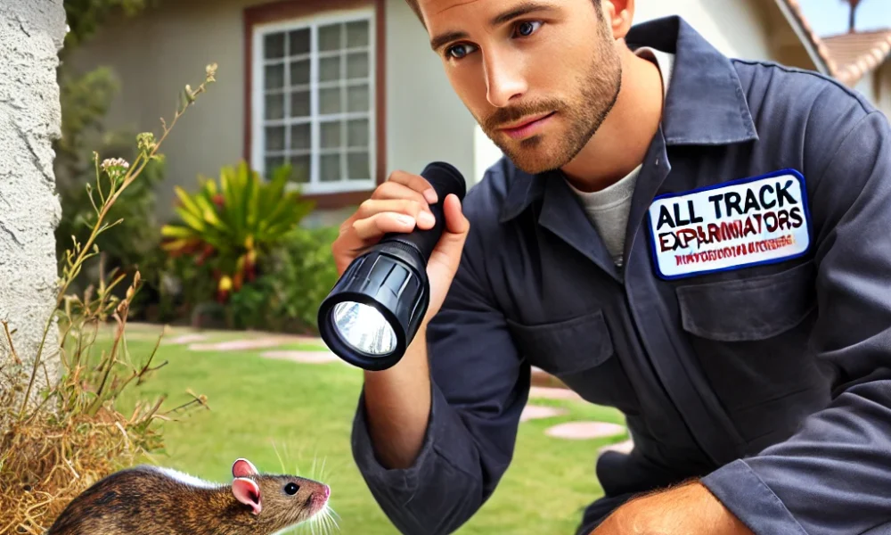 A-professional-male-pest-control-technician-wearing-a-uniform-with-an-All-Track-Exterminators-inspecting-a-Pasadena-home-for-rat