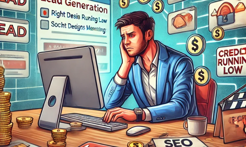 A conceptual digital illustration depicting the challenges of using an online lead generation platform, with a focus on Right Designs Marketing