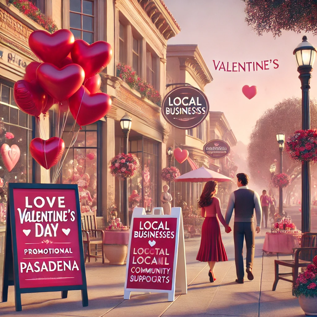 A festive Valentines Day promotional scene set in Pasadena featuring a romantic street with decorated storefronts heart shaped balloons and couple