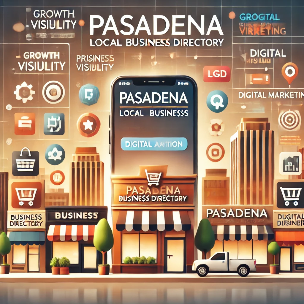 A visually appealing digital banner for the Pasadena Local Business Directory The image should feature a modern cityscape with business icons