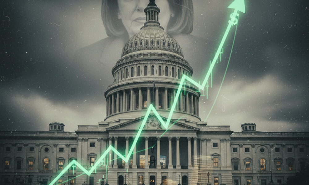 A symbolic image showing a gavel and a rising green stock chart, illustrating a conflict of interest. In the background are the U.S. Capitol building and a silhouette of Nancy Pelosi.