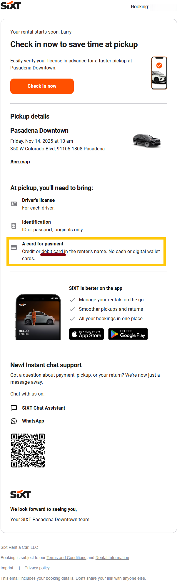 Email image of pickup car rental detail include the use of a debit card