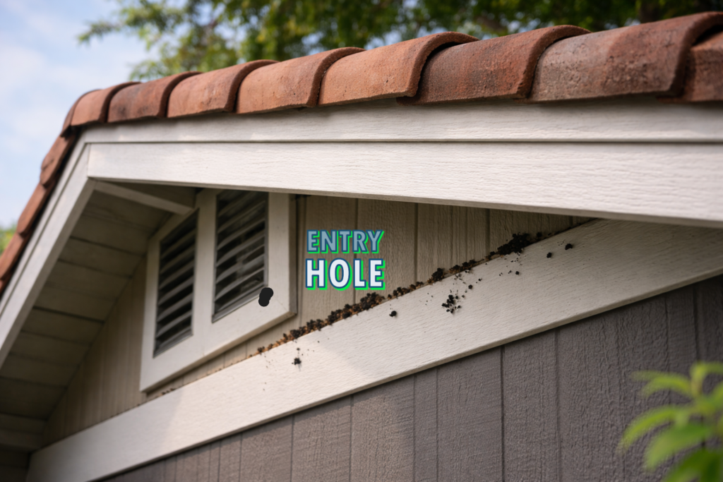 Close-up of a suburban Pasadena roofline and attic vent area showing common rodent entry points near eaves and ventilation openings