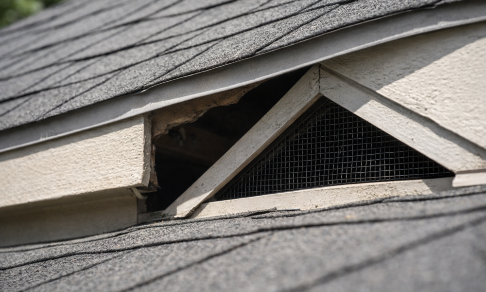 Close-up of Pasadena home roofline showing attic vent gap and potential rodent entry point, Pasadena rodent control, attic rodents, roof rat entry, rodent proofing Pasadena, San Gabriel Valley pest issues
